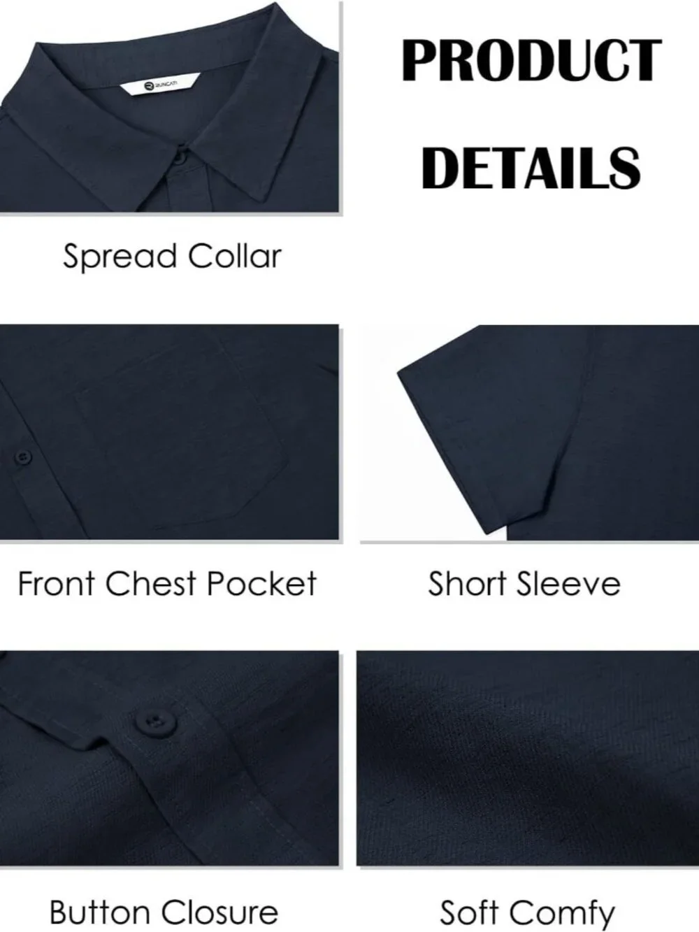 Men's Navy Button Down Linen Short Sleeve Casual Beach Wedding Shirt - Picture 6 of 6